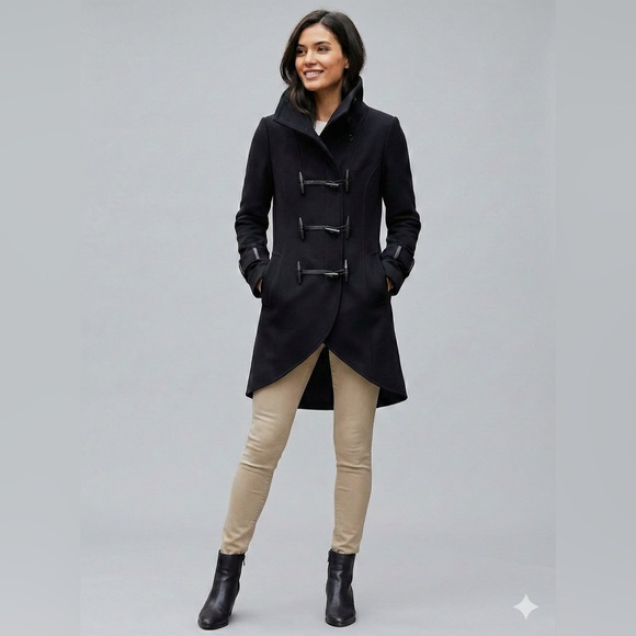 Mackage Jackets & Blazers - Mackage - Nixie Pea Coat - Black Wool Cashmere Blend & Leather Trim - Size XS